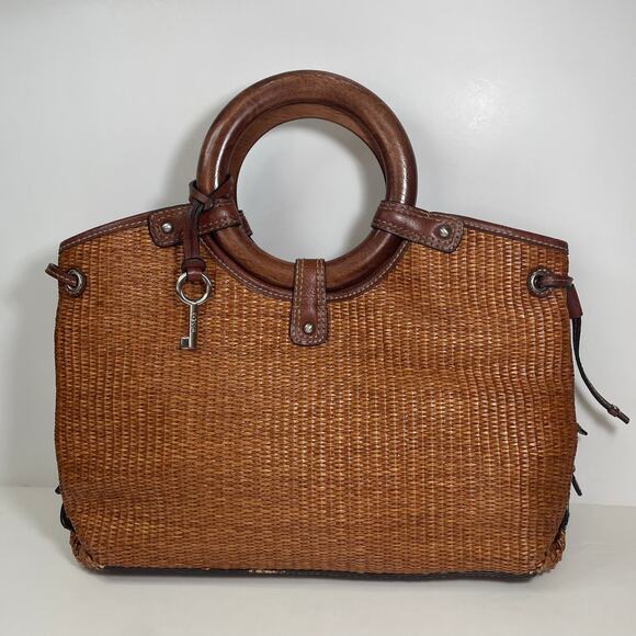 Vintage Fossil Brown Straw Basket Weave Handbag Purse - Picture 1 of 13